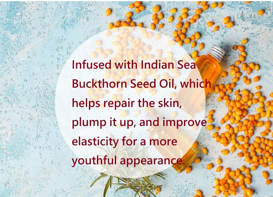 Infused with Indian Sea Buckthorn Seed Oil, which helps repair the skin, plump it up, and improve elasticity for a more youthful appearance.